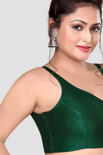 Dark green v neck plain silk spaghetti padded readymade saree blouse