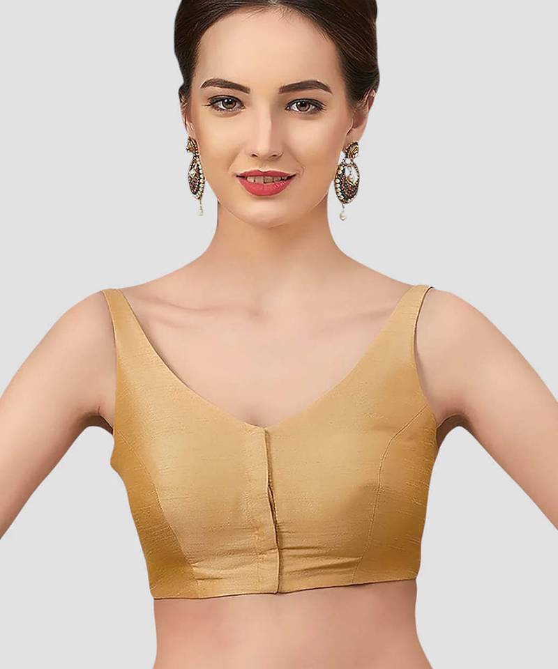 Gold v neck plain silk spaghetti padded readymade saree blouse