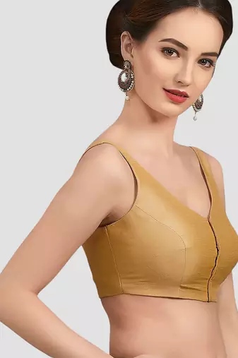 Gold v neck plain silk spaghetti padded readymade saree blouse