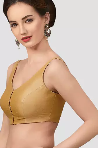Gold v neck plain silk spaghetti padded readymade saree blouse