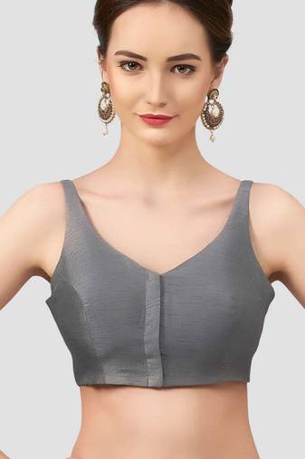 Grey v neck plain silk spaghetti padded readymade saree blouse