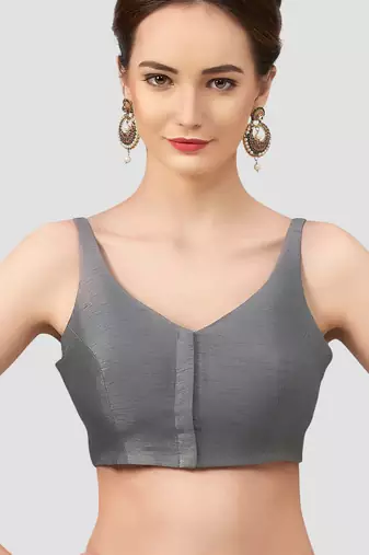Grey v neck plain silk spaghetti padded readymade saree blouse