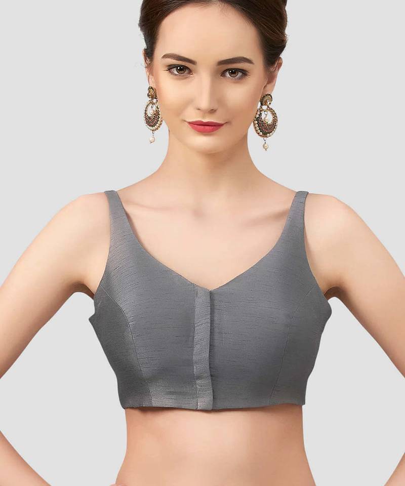 Grey v neck plain silk spaghetti padded readymade saree blouse