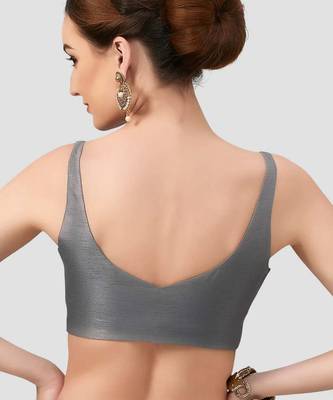 Grey v neck plain silk spaghetti padded readymade saree blouse 2