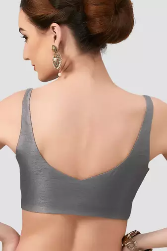 Grey v neck plain silk spaghetti padded readymade saree blouse