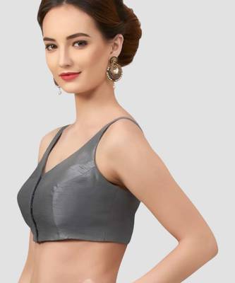 Grey v neck plain silk spaghetti padded readymade saree blouse 3