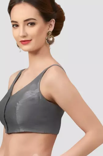 Grey v neck plain silk spaghetti padded readymade saree blouse