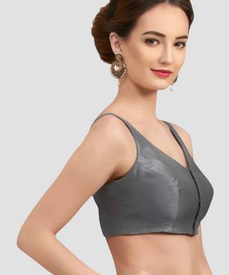 Grey v neck plain silk spaghetti padded readymade saree blouse 4
