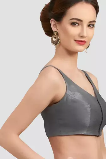Grey v neck plain silk spaghetti padded readymade saree blouse