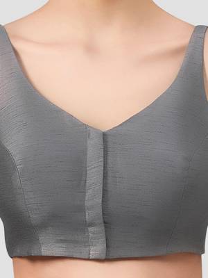Grey v neck plain silk spaghetti padded readymade saree blouse 5