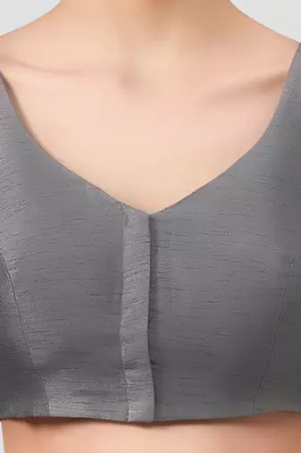 Grey v neck plain silk spaghetti padded readymade saree blouse