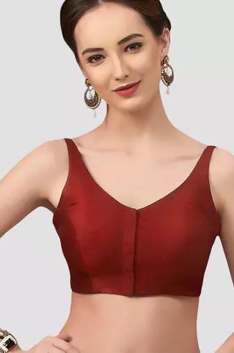 Maroon v neck plain silk spaghetti padded readymade saree blouse