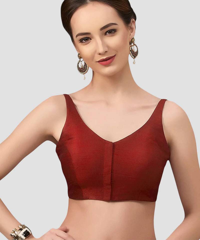 Maroon v neck plain silk spaghetti padded readymade saree blouse