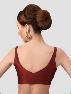 Maroon v neck plain silk spaghetti padded readymade saree blouse 2