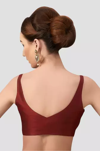 Maroon v neck plain silk spaghetti padded readymade saree blouse