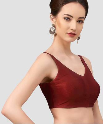 Maroon v neck plain silk spaghetti padded readymade saree blouse 3