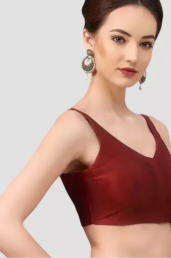 Maroon v neck plain silk spaghetti padded readymade saree blouse