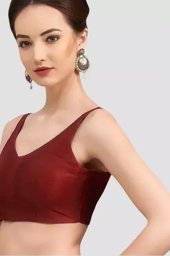 Maroon v neck plain silk spaghetti padded readymade saree blouse