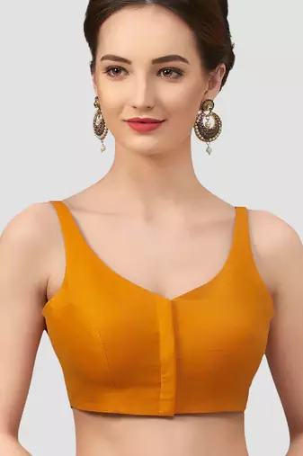 Mustard v neck plain silk spaghetti padded readymade saree blouse
