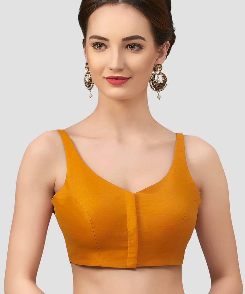 Mustard v neck plain silk spaghetti padded readymade saree blouse