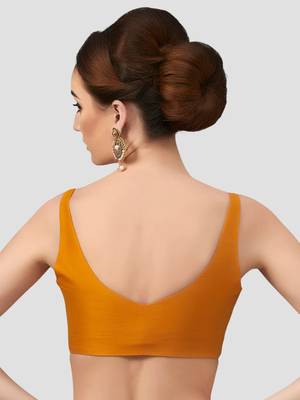 Mustard v neck plain silk spaghetti padded readymade saree blouse 2