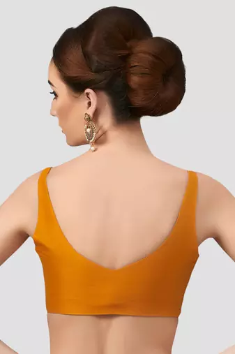Mustard v neck plain silk spaghetti padded readymade saree blouse