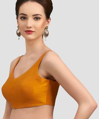 Mustard v neck plain silk spaghetti padded readymade saree blouse 3