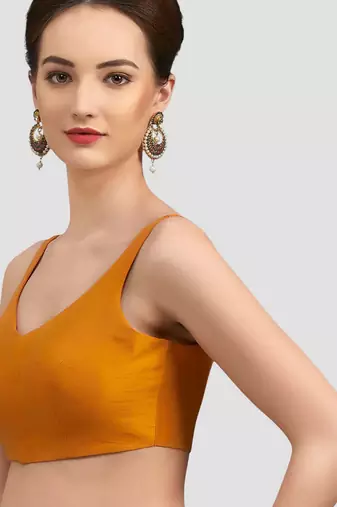 Mustard v neck plain silk spaghetti padded readymade saree blouse
