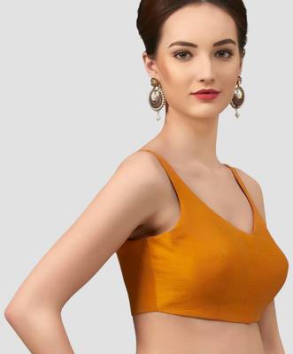 Mustard v neck plain silk spaghetti padded readymade saree blouse 4