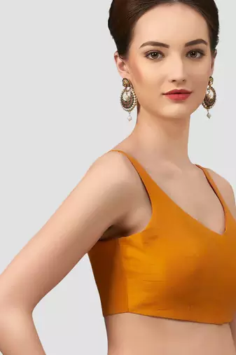 Mustard v neck plain silk spaghetti padded readymade saree blouse