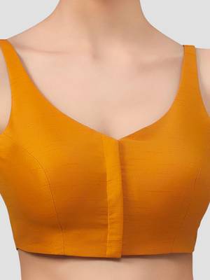 Mustard v neck plain silk spaghetti padded readymade saree blouse 5