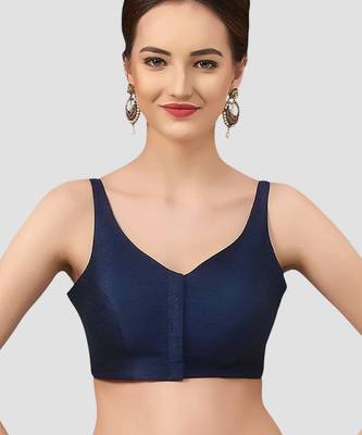 Navy blue v neck plain silk spaghetti padded readymade saree blouse 1