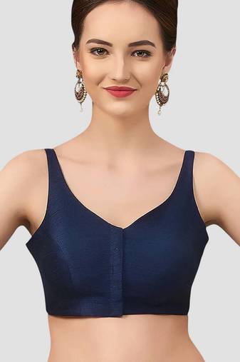 Navy blue v neck plain silk spaghetti padded readymade saree blouse