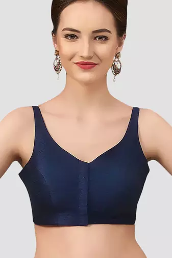 Navy blue v neck plain silk spaghetti padded readymade saree blouse