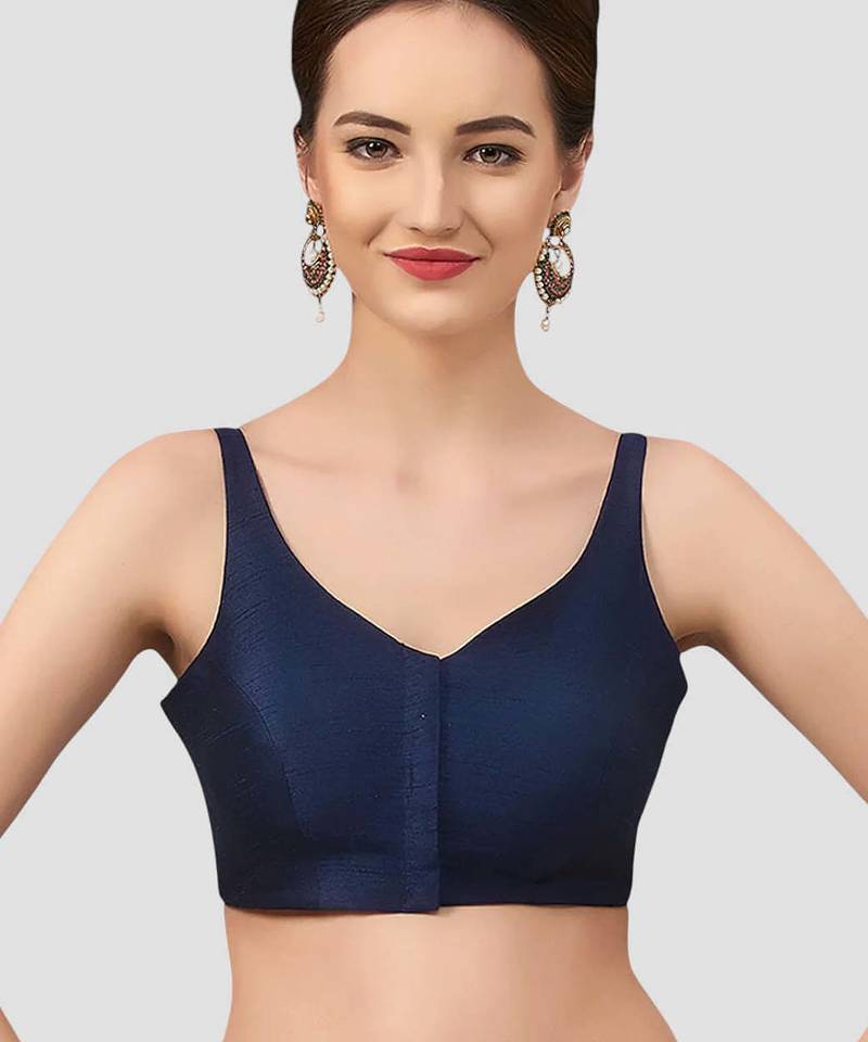 Navy blue v neck plain silk spaghetti padded readymade saree blouse