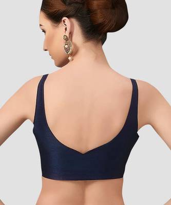 Navy blue v neck plain silk spaghetti padded readymade saree blouse 2