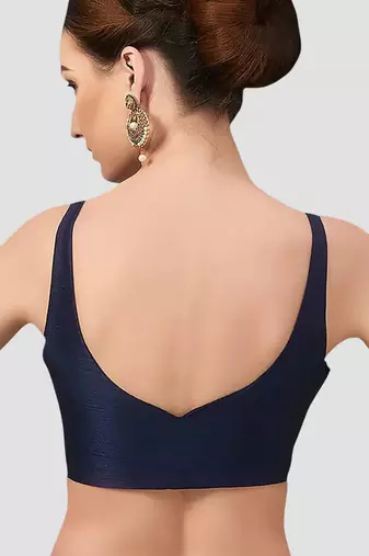 Navy blue v neck plain silk spaghetti padded readymade saree blouse