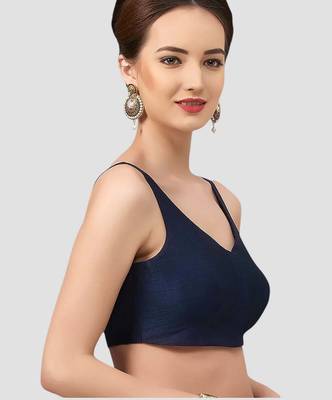 Navy blue v neck plain silk spaghetti padded readymade saree blouse 3