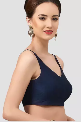 Navy blue v neck plain silk spaghetti padded readymade saree blouse