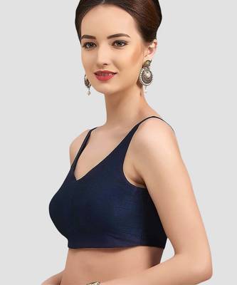 Navy blue v neck plain silk spaghetti padded readymade saree blouse 4