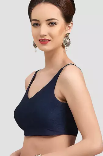 Navy blue v neck plain silk spaghetti padded readymade saree blouse
