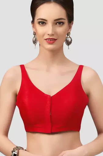 Red v neck plain silk spaghetti padded readymade saree blouse