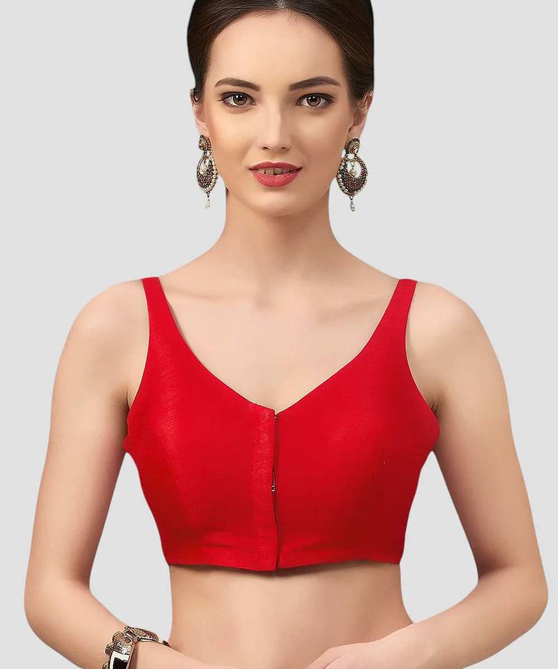 Red v neck plain silk spaghetti padded readymade saree blouse