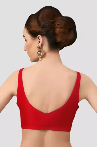 Red v neck plain silk spaghetti padded readymade saree blouse