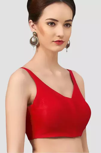 Red v neck plain silk spaghetti padded readymade saree blouse
