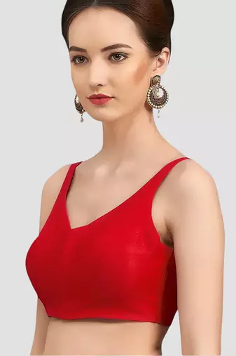 Red v neck plain silk spaghetti padded readymade saree blouse