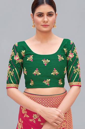 Dark green embroidered silk blend readymade blouse