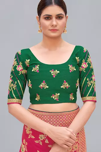 Dark green embroidered silk blend readymade blouse