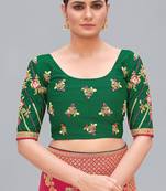 Dark green embroidered silk blend readymade blouse