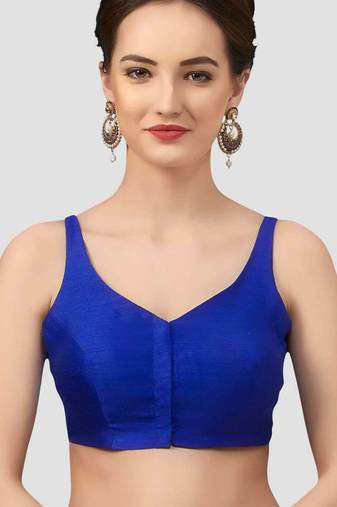 Royal blue v neck plain silk spaghetti padded readymade saree blouse